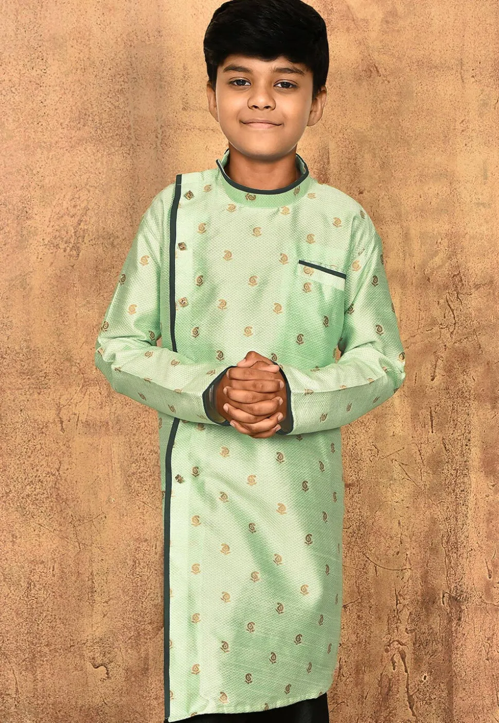 Woven Art Silk Jacquard Asymmetric Sherwani Set in Sea Green