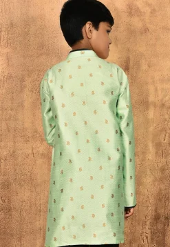 Woven Art Silk Jacquard Asymmetric Sherwani Set in Sea Green