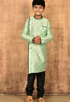 Woven Art Silk Jacquard Asymmetric Sherwani Set in Sea Green