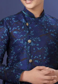 Woven Art Silk Jacquard Asymmetric Dhoti Sherwani in Navy Blue