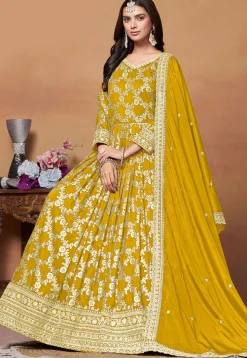 Woven Art Silk Jacquard Abaya Style Suit in Mustard