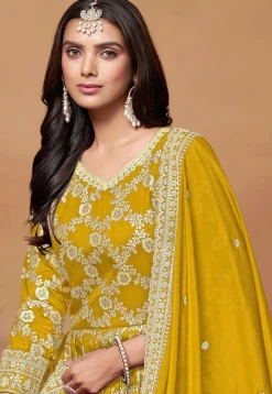 Woven Art Silk Jacquard Abaya Style Suit in Mustard