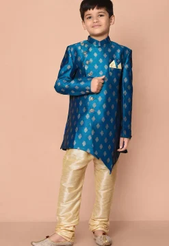 Woven Art Silk Jacquard Asymmetric Kurta Set in Teal Blue