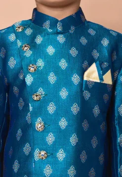 Woven Art Silk Jacquard Asymmetric Kurta Set in Teal Blue