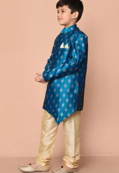 Woven Art Silk Jacquard Asymmetric Kurta Set in Teal Blue