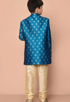 Woven Art Silk Jacquard Asymmetric Kurta Set in Teal Blue