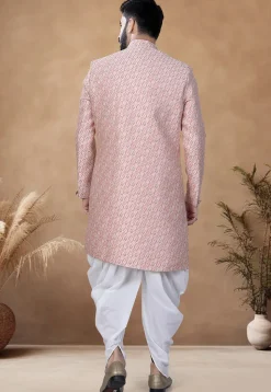 Woven Art Silk Jacquard Asymmetric Sherwani in Pink