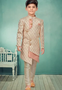 Woven Art Silk Jacquard Asymmetric Sherwani in Cream and Pink