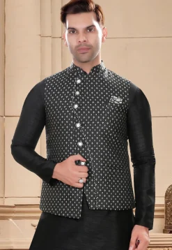 Woven Art Silk Jacquard Asymmetric Nehru Jacket in Black