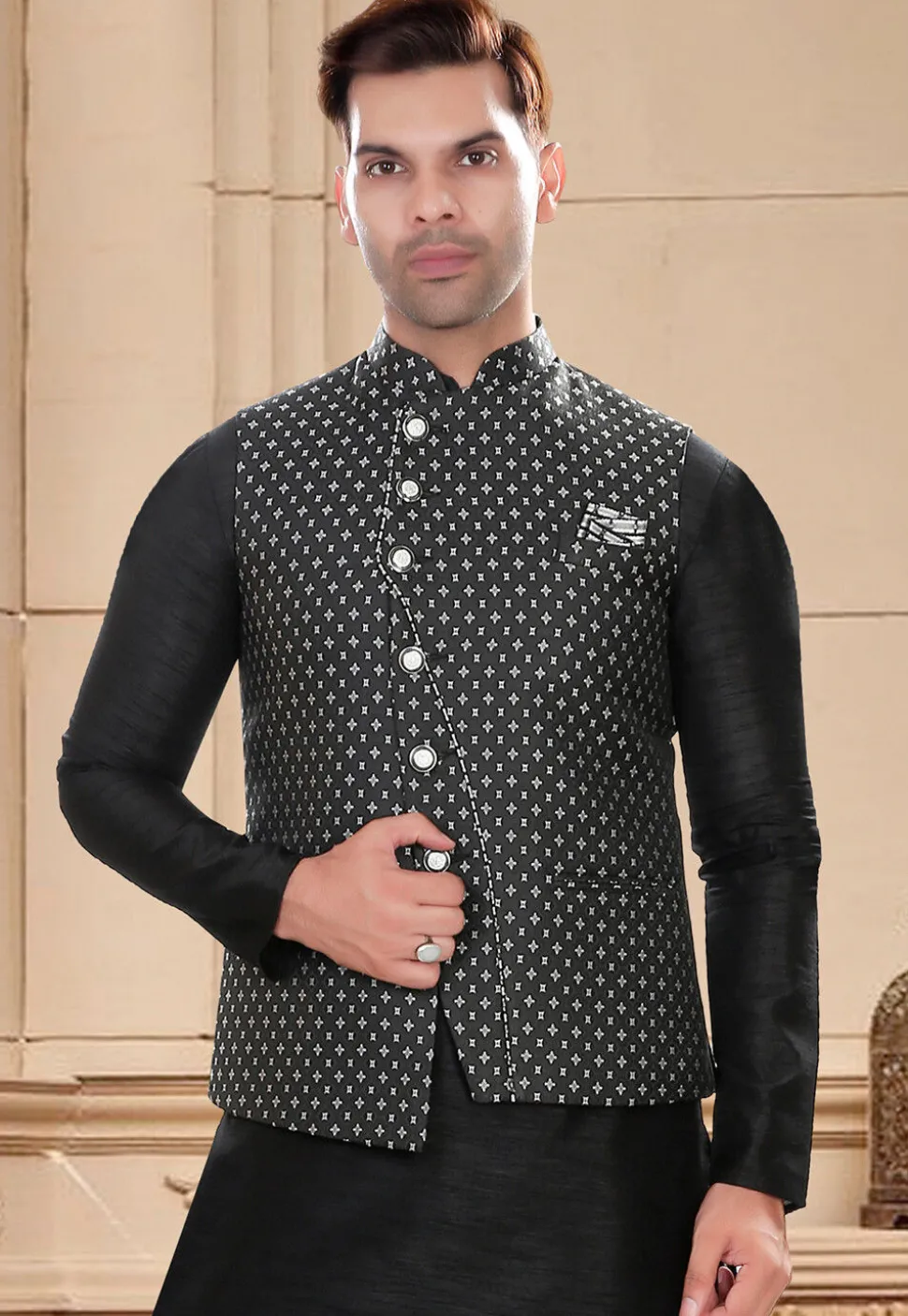 Woven Art Silk Jacquard Asymmetric Nehru Jacket in Black