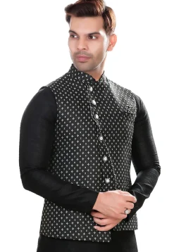 Woven Art Silk Jacquard Asymmetric Nehru Jacket in Black