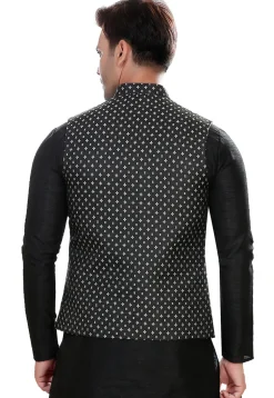 Woven Art Silk Jacquard Asymmetric Nehru Jacket in Black