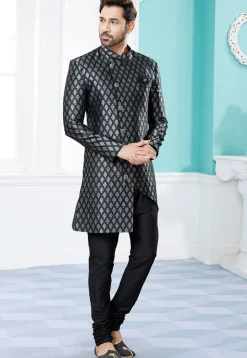 Woven Art Silk Jacquard Asymmetric Sherwani in Black