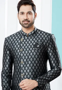 Woven Art Silk Jacquard Asymmetric Sherwani in Black