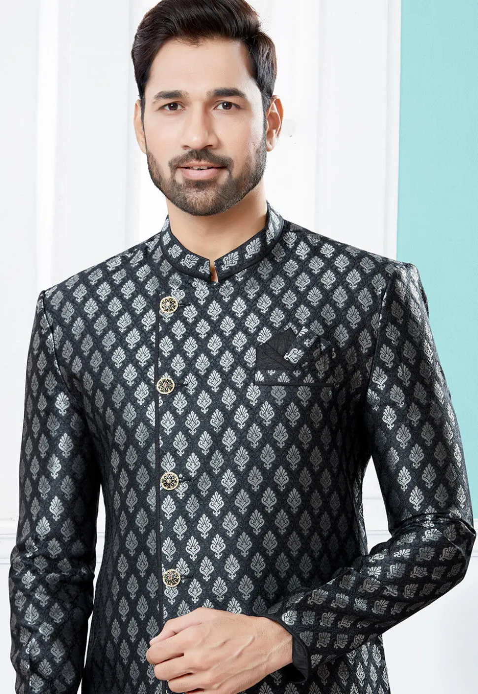 Woven Art Silk Jacquard Asymmetric Sherwani in Black
