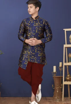 Woven Art Silk Jacquard Asymmetric Dhoti Sherwani in Navy Blue