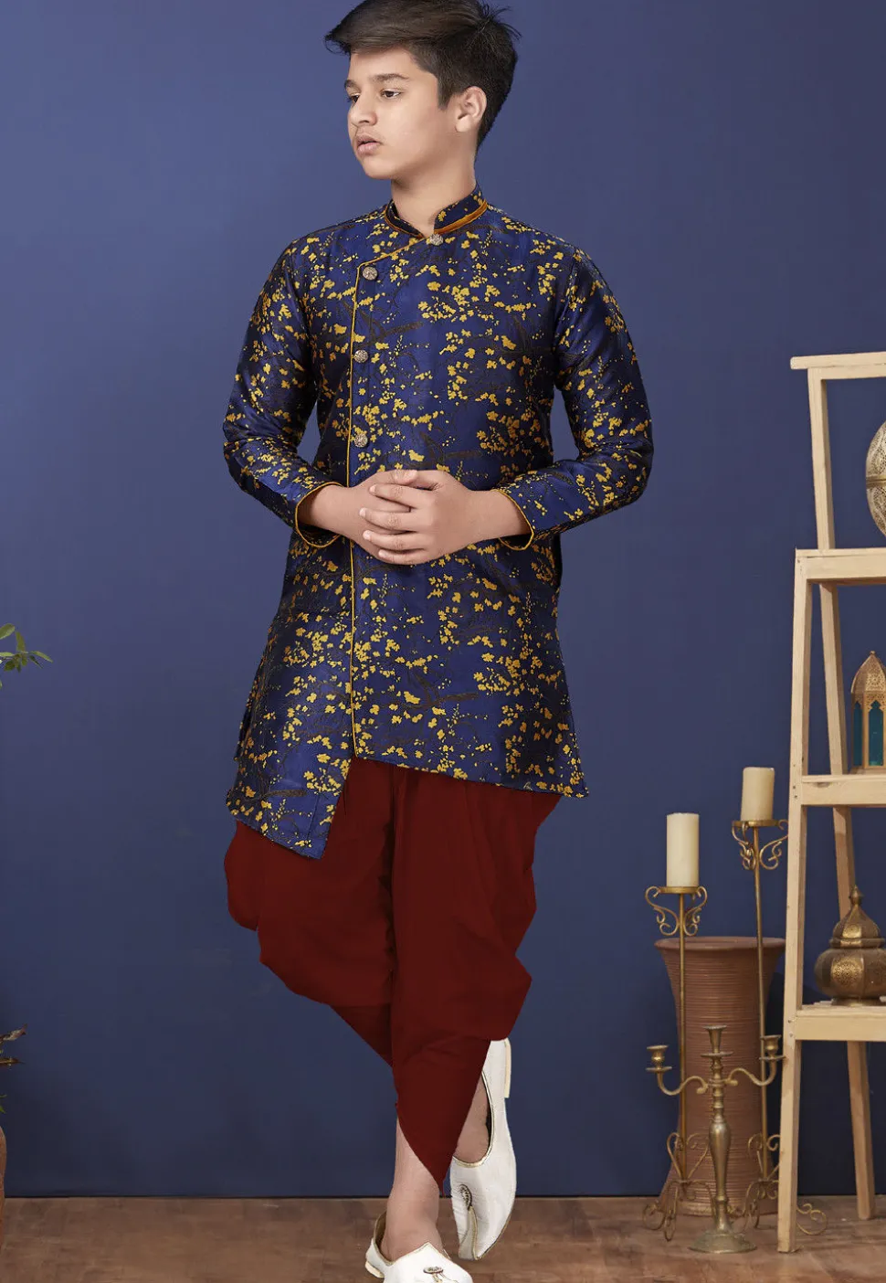 Woven Art Silk Jacquard Asymmetric Dhoti Sherwani in Navy Blue