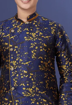 Woven Art Silk Jacquard Asymmetric Dhoti Sherwani in Navy Blue