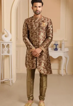 Woven Art Silk Jacquard Asymmetric Sherwani in Brown