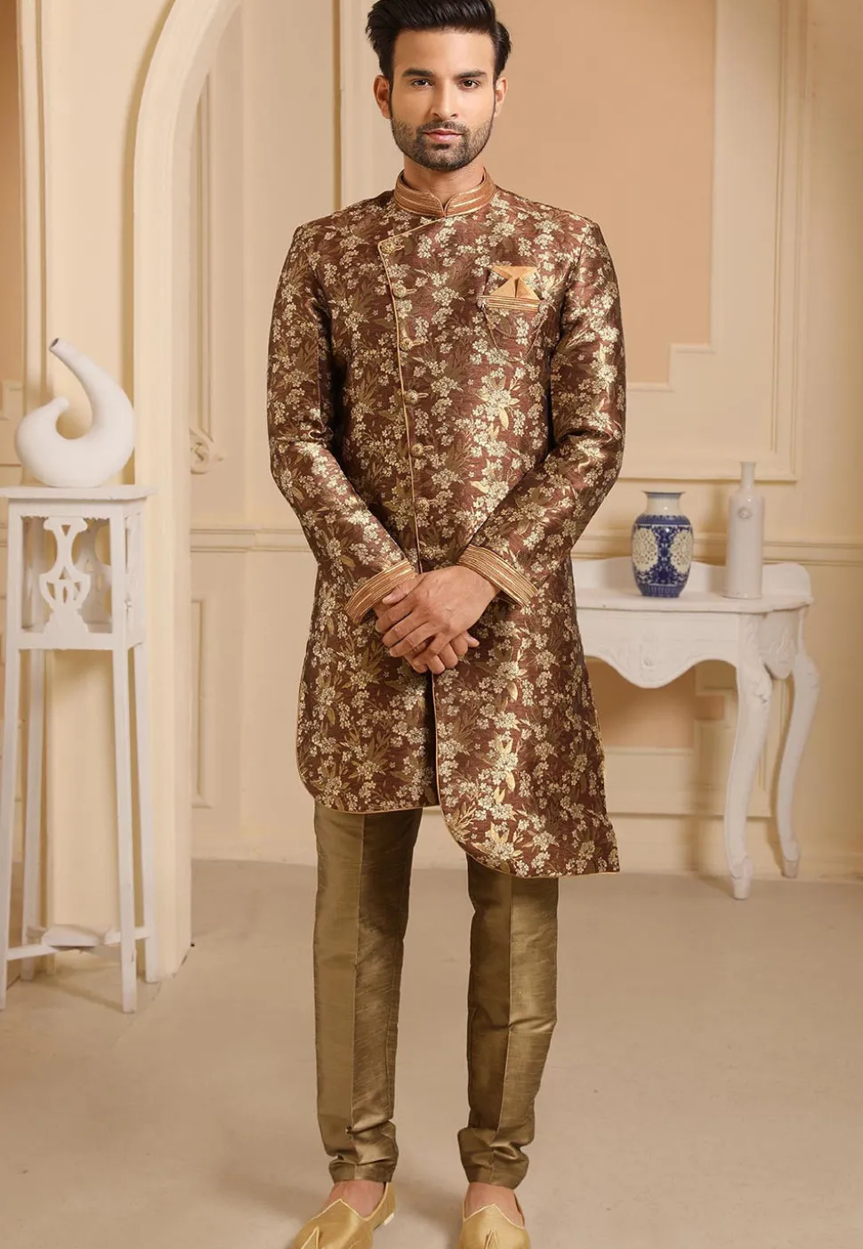 Woven Art Silk Jacquard Asymmetric Sherwani in Brown