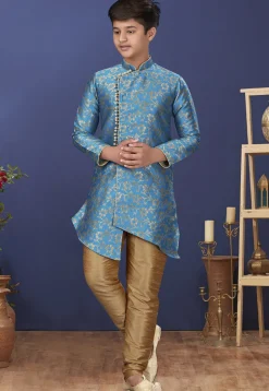 Woven Art Silk Jacquard Asymmetric Sherwani in Blue