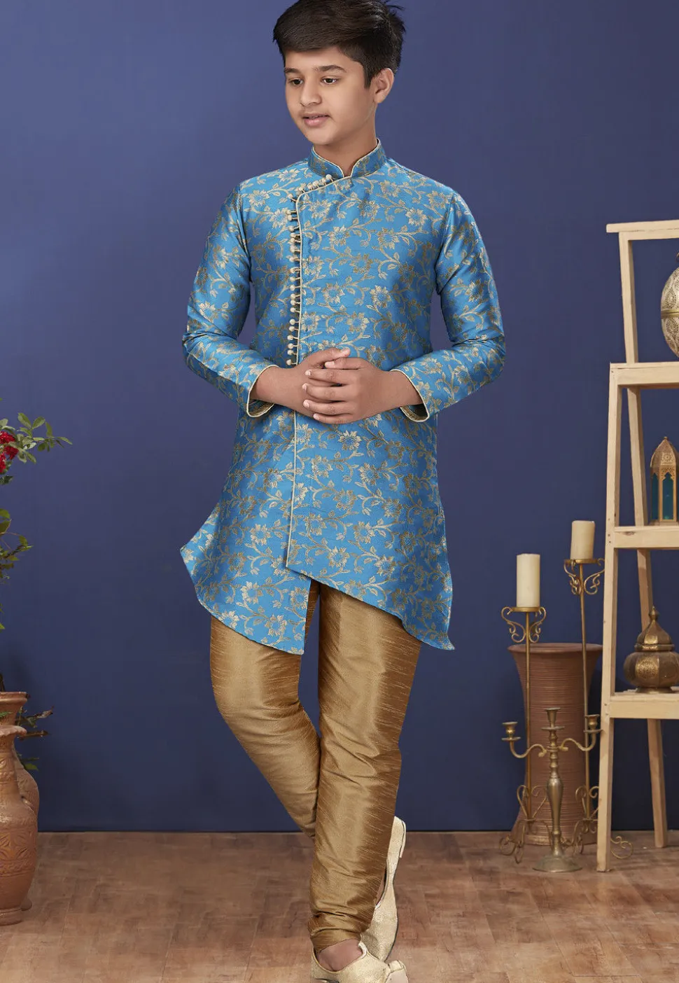Woven Art Silk Jacquard Asymmetric Sherwani in Blue