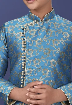 Woven Art Silk Jacquard Asymmetric Sherwani in Blue