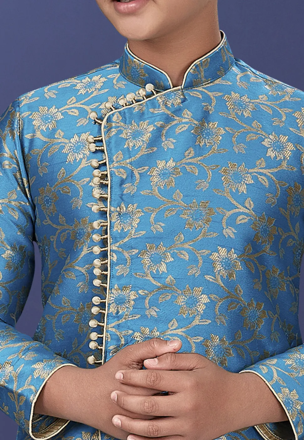 Woven Art Silk Jacquard Asymmetric Sherwani in Blue