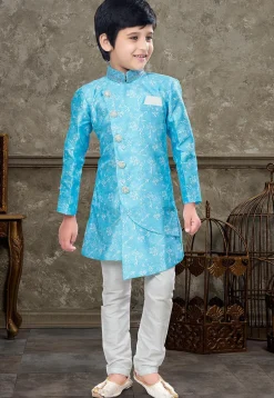 Woven Art Silk Jacquard Asymmetric Sherwani in Light Blue