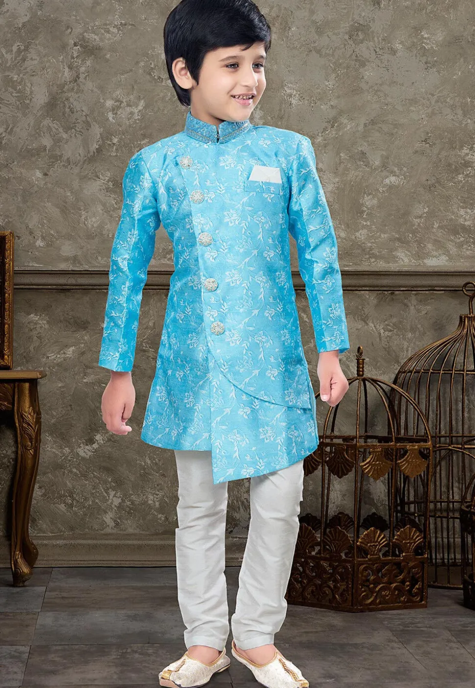 Woven Art Silk Jacquard Asymmetric Sherwani in Light Blue
