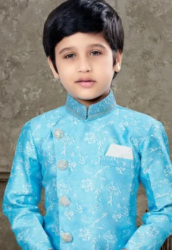 Woven Art Silk Jacquard Asymmetric Sherwani in Light Blue