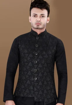 Woven Art Silk Jacquard Asymmetric Nehru Jacket in Black