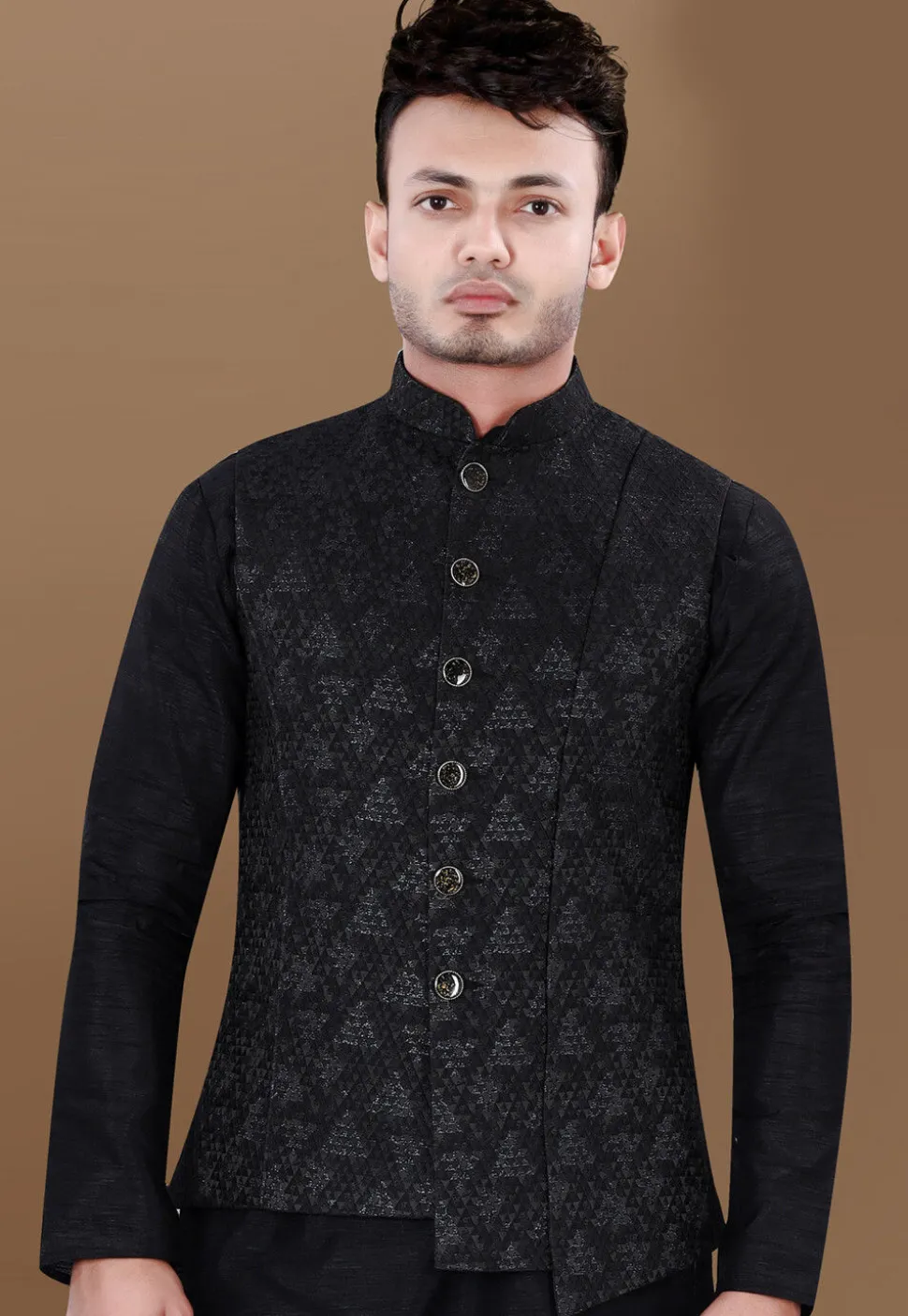 Woven Art Silk Jacquard Asymmetric Nehru Jacket in Black
