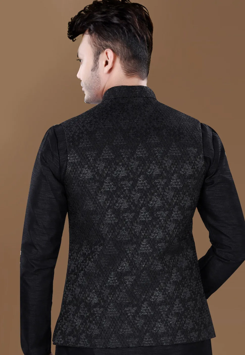 Woven Art Silk Jacquard Asymmetric Nehru Jacket in Black