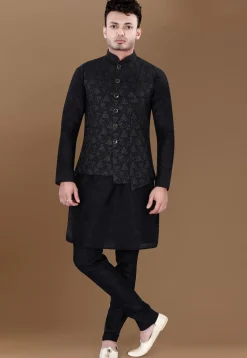 Woven Art Silk Jacquard Asymmetric Nehru Jacket in Black