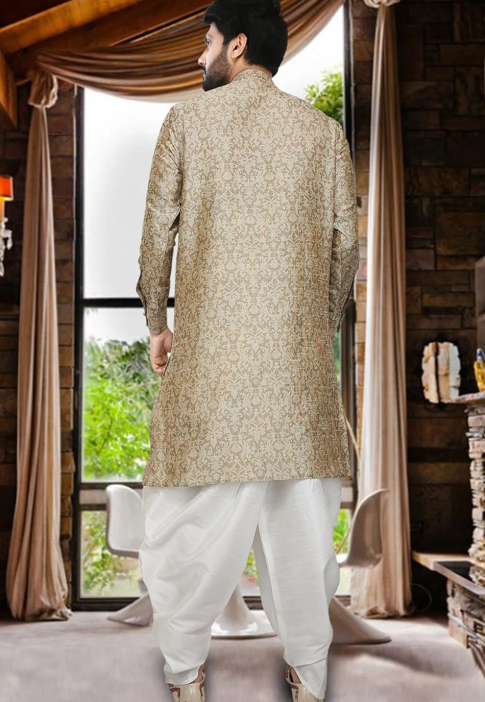 Woven Art Silk Jacquard Asymmetric Dhoti Kurta in Beige