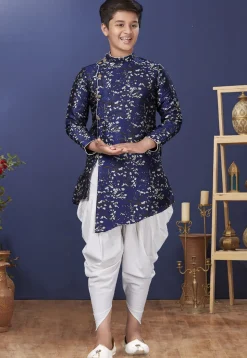 Woven Art Silk Jacquard Asymmetric Dhoti Sherwani in Navy Blue