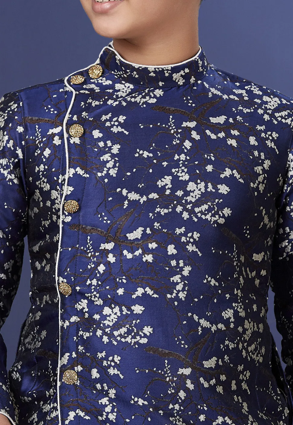 Woven Art Silk Jacquard Asymmetric Dhoti Sherwani in Navy Blue