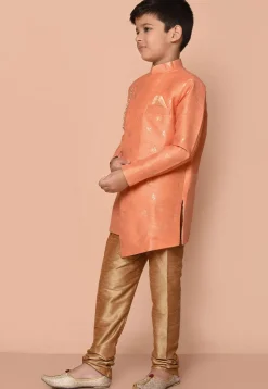 Woven Art Silk Jacquard Asymmetric Kurta Set in Peach