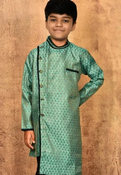 Woven Art Silk Jacquard Asymmetric Sherwani Set in Light Teal Green