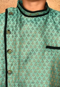Woven Art Silk Jacquard Asymmetric Sherwani Set in Light Teal Green