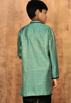 Woven Art Silk Jacquard Asymmetric Sherwani Set in Light Teal Green