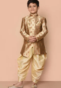 Woven Art Silk Jacquard Asymmetric Kurta Dhoti in Beige