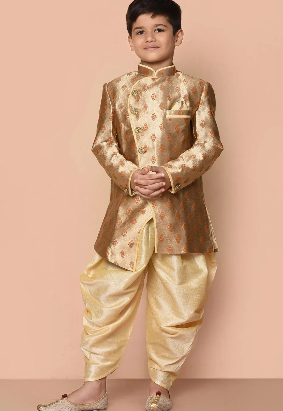 Woven Art Silk Jacquard Asymmetric Kurta Dhoti in Beige