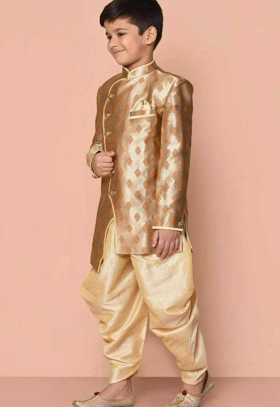 Woven Art Silk Jacquard Asymmetric Kurta Dhoti in Beige