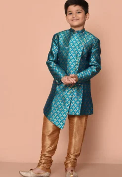 Woven Art Silk Jacquard Asymmetric Kurta Set in Teal Blue