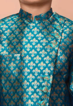 Woven Art Silk Jacquard Asymmetric Kurta Set in Teal Blue