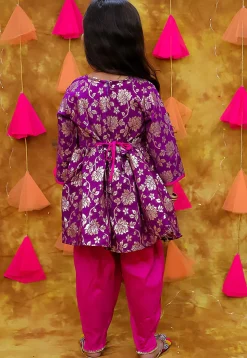 Woven Art Silk Jacquard A Line Kurta Set in Purple