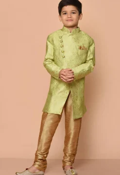 Woven Art Silk Jacquard Asymmetric Kurta Set in Light Green