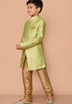 Woven Art Silk Jacquard Asymmetric Kurta Set in Light Green